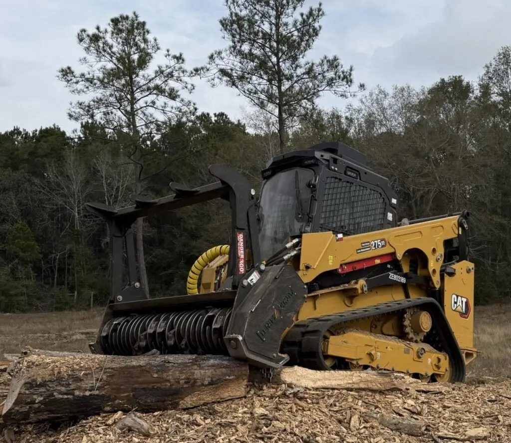 Delta Landworks CAT track loader with a mulching head on a cleared site